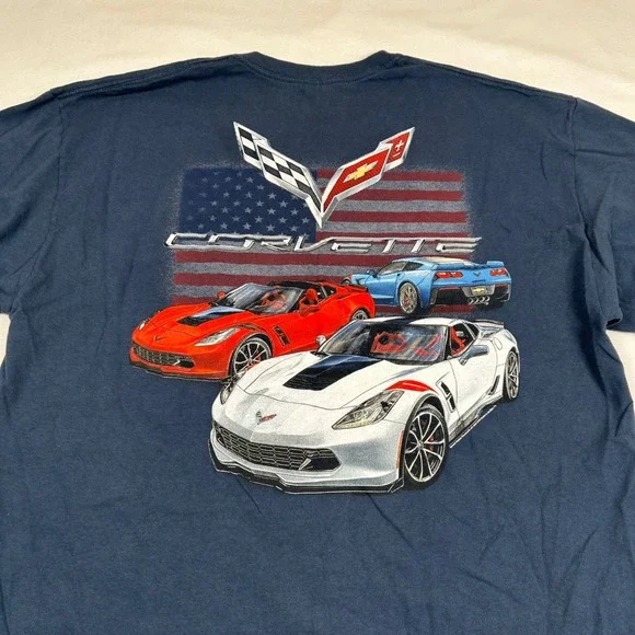 Gildan Corvette C7 Graphic T-Shirt Mens XL Navy Blue American Flag Chevy Racing - Picture 4 of 7